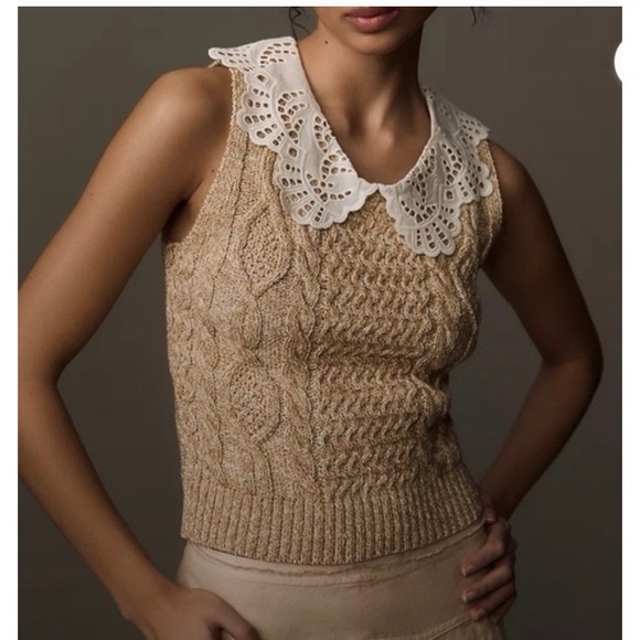 Anthropologie Tops - Anthropologie Lace Collar Sweater Tank Top Yellow Marled Cable Knit Size M